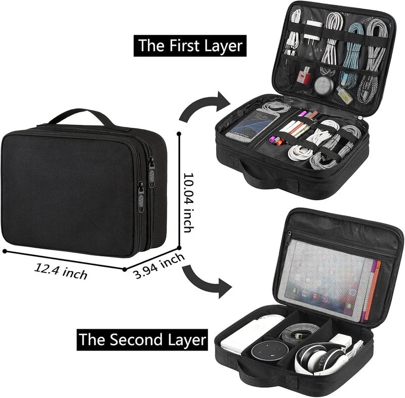 Organizer Bag, Large Travel Storage Bag Sturdy Tool Case with Handle for Cellphone Cord Electronics Accessories, Carrying Tech Bag for IPad (Up to 12.9inch), Powerbank, Hard Drive, Black