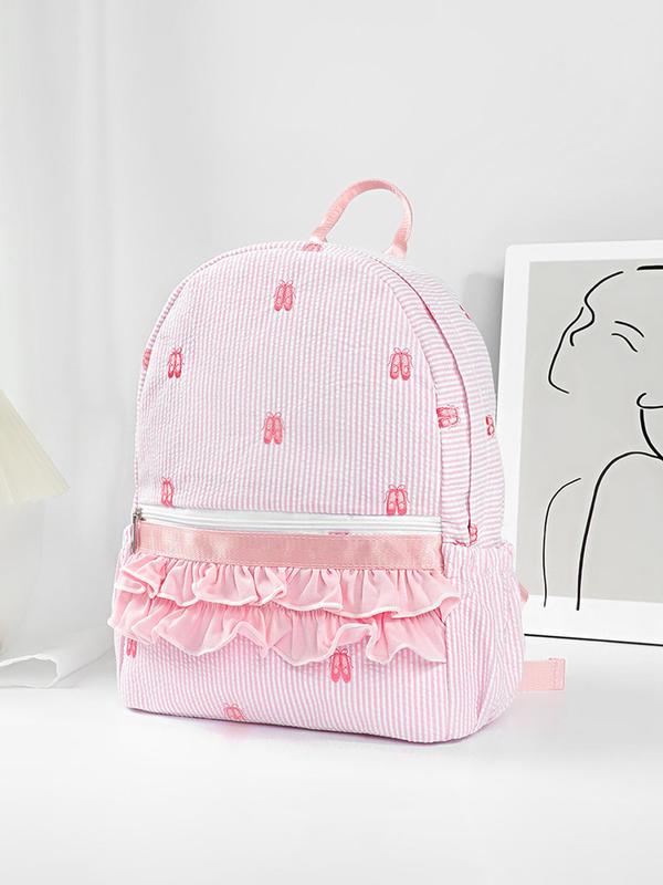 Fashionable Ruched & Embroidered Design Backpack, Casual Striped Pattern Backpack with Ruffle Trim Design, Fashionable Backpack for Women & Girls