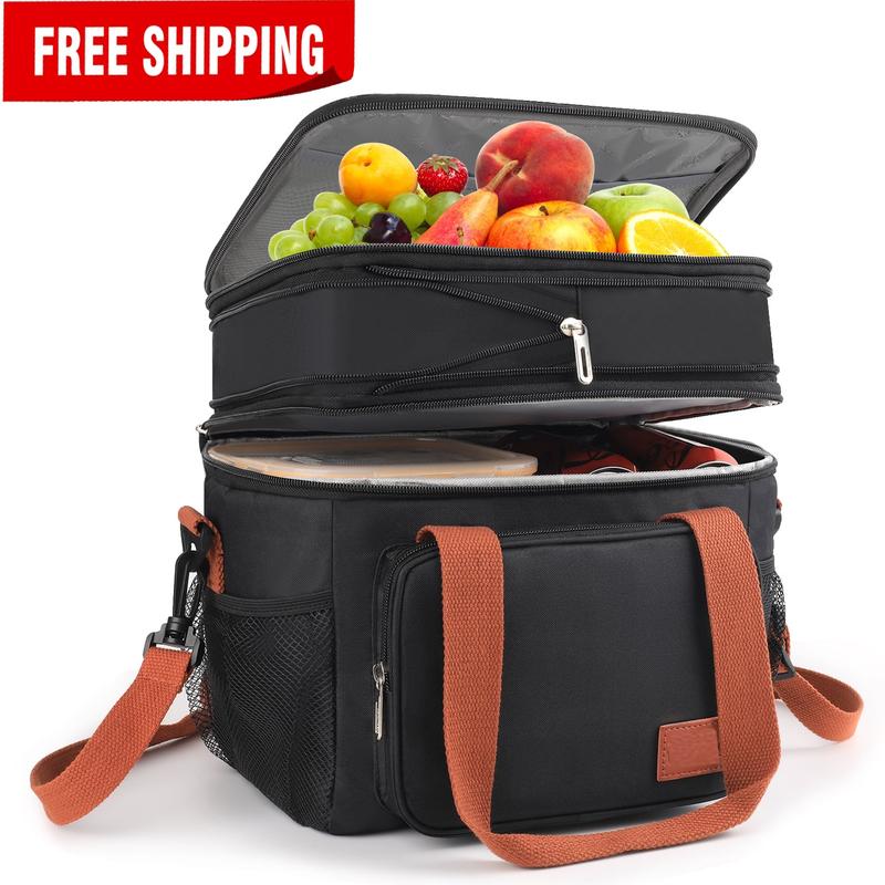 Insulated Lunch Bag for Women Men, 17L Expandable Double Deck Lunch Cooler Box, Lightweight Leakproof Lunch Tote Bag W  Side Tissue Pocket & Adjustable Shoulder Strap, Suit for Work, School, Picnic, Black