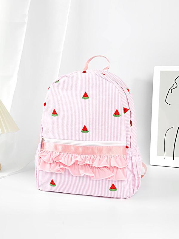 Fashionable Ruched & Embroidered Design Backpack, Casual Striped Pattern Backpack with Ruffle Trim Design, Fashionable Backpack for Women & Girls