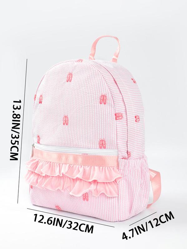 Fashionable Ruched & Embroidered Design Backpack, Casual Striped Pattern Backpack with Ruffle Trim Design, Fashionable Backpack for Women & Girls