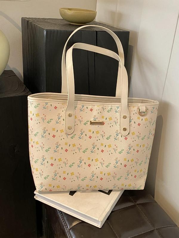 Fashion Floral & Bow Pattern Tote Bag, College Tote Bag, Casual Large Capacity Shoulder Bag for Women, Trendy All-match Bag for Commute, Work, Travel, Daily Use