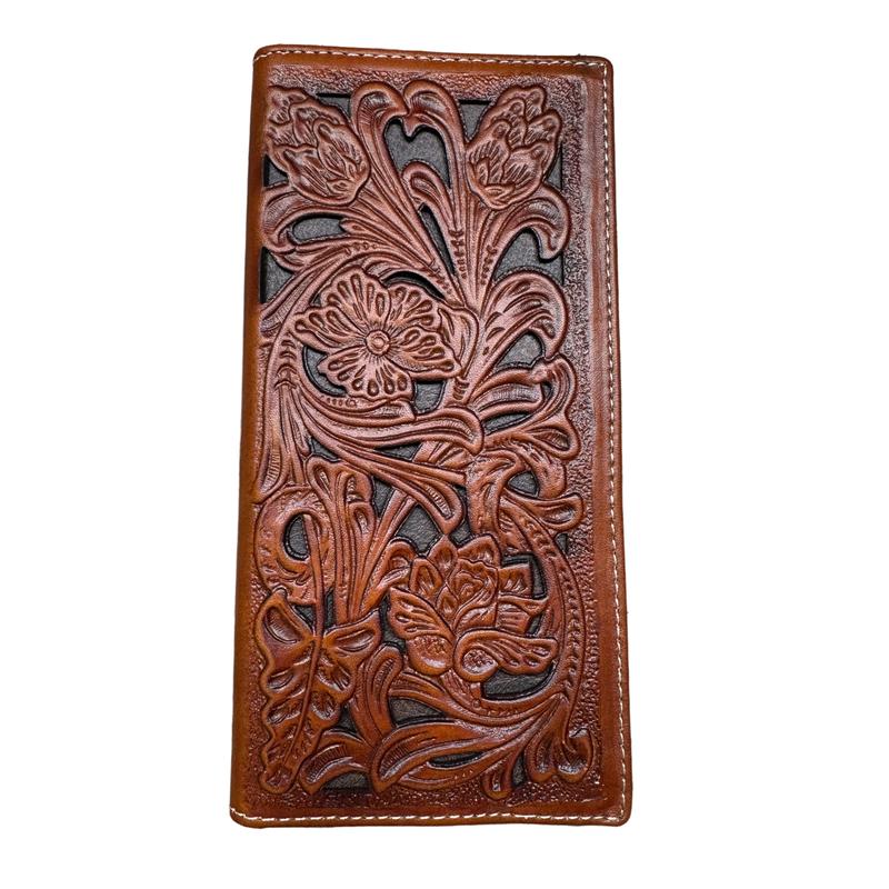 Mens Long Wallet Floral Cutout Layered Leather Brown Dark Brown Soft Leather Checkbook Style Cowboy Hand Crafted High End Mens Wallets Leather