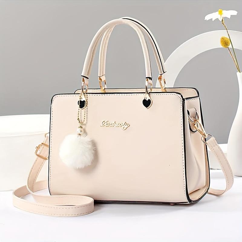 Fashion Solid Color Handbag, Multi Layer Crossbody Bag, Women's Satchel Purse With Pompom Ball Charms