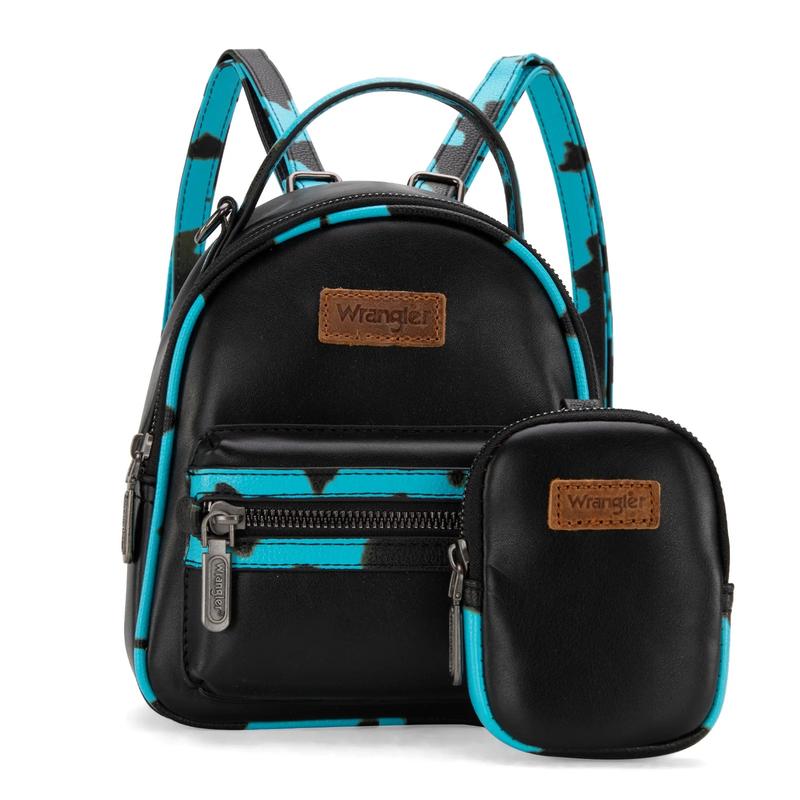 {Live Exclusive Bundle} Mommy and Me Wrangler Cow Print Accented Mini and Full Size Fashion Backpack Set