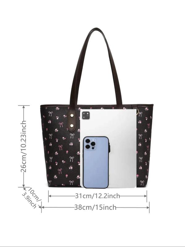 Fashion Floral & Bow Pattern Tote Bag, College Tote Bag, Casual Large Capacity Shoulder Bag for Women, Trendy All-match Bag for Commute, Work, Travel, Daily Use