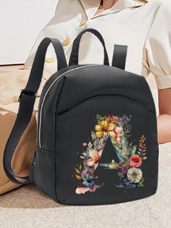 Floral & Initials Letter Pattern Zipper Backpack, Fashionable School Bags for Women & Girls, Casual Trendy Versatile High-quality Daily Commuting Bag, Mini Backpack