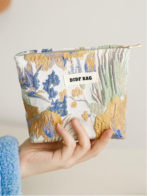 Floral Pattern Letter Patched Design Makeup Bag, Portable Cosmetic Storage Bag, Zipper Makeup Organizer Pouch, Casual Trendy Versatile High-quality Daily Bag