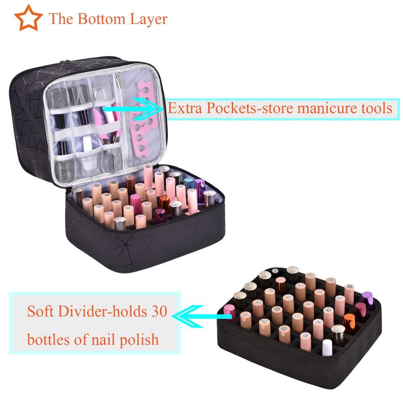 Storage Bag. PU Leather Portable Nail Polish Organizer and Nail Lamp Case. Can Holds 30+ Bottles and a Lamp. Carrying Case with Manicure Tools Storage Bag for Nail Supplies.