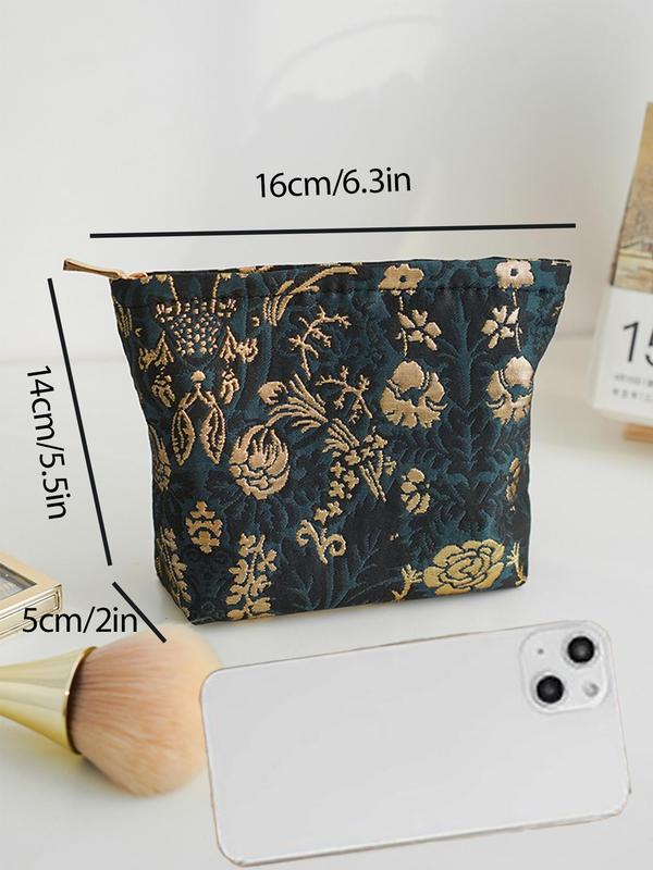 Floral Pattern Letter Patched Design Makeup Bag, Portable Cosmetic Storage Bag, Zipper Makeup Organizer Pouch, Casual Trendy Versatile High-quality Daily Bag