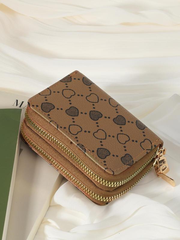 Women's Summer Retro Heart Print Double Zipper Around Coin Purse, Simple Multi-card Card Holder, Pu Leather Credit Card Wallet Storage Bag for Outdoors & Travel, Fall Outfits, Earthtone Fall Freshness