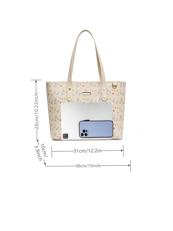 Fashion Floral & Bow Pattern Tote Bag, College Tote Bag, Casual Large Capacity Shoulder Bag for Women, Trendy All-match Bag for Commute, Work, Travel, Daily Use