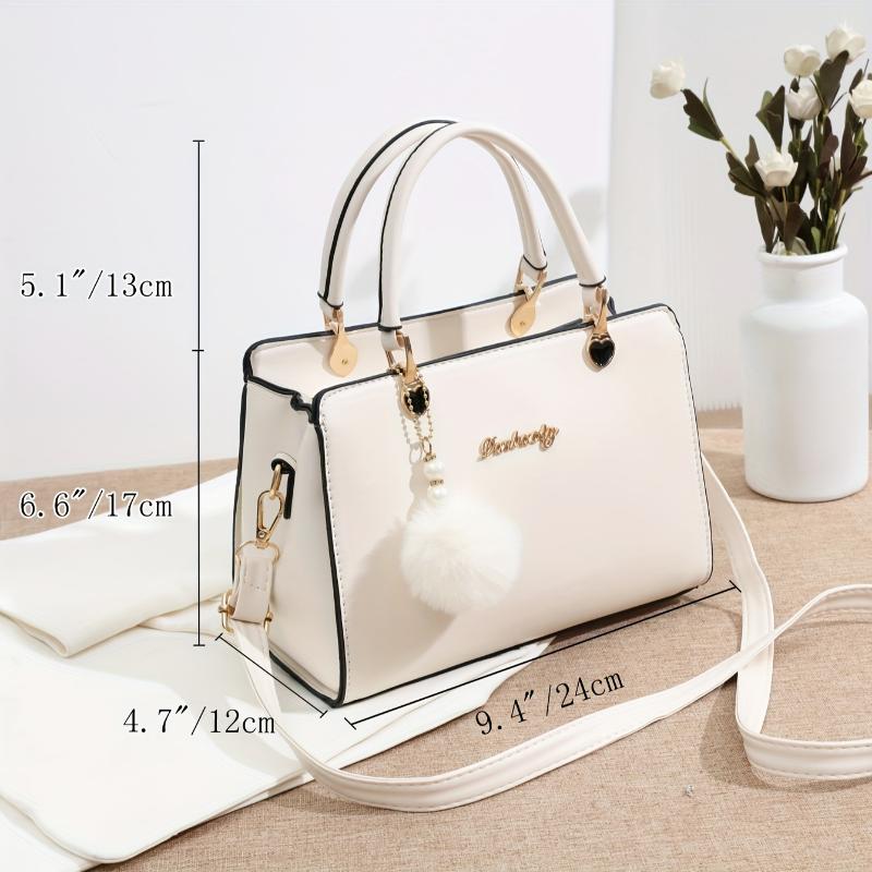 Fashion Solid Color Handbag, Multi Layer Crossbody Bag, Women's Satchel Purse With Pompom Ball Charms