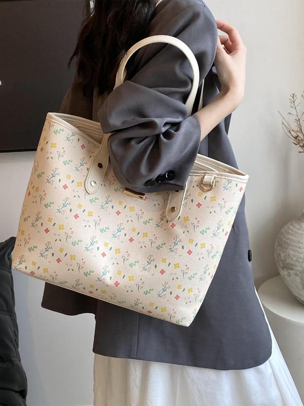 Fashion Floral & Bow Pattern Tote Bag, College Tote Bag, Casual Large Capacity Shoulder Bag for Women, Trendy All-match Bag for Commute, Work, Travel, Daily Use