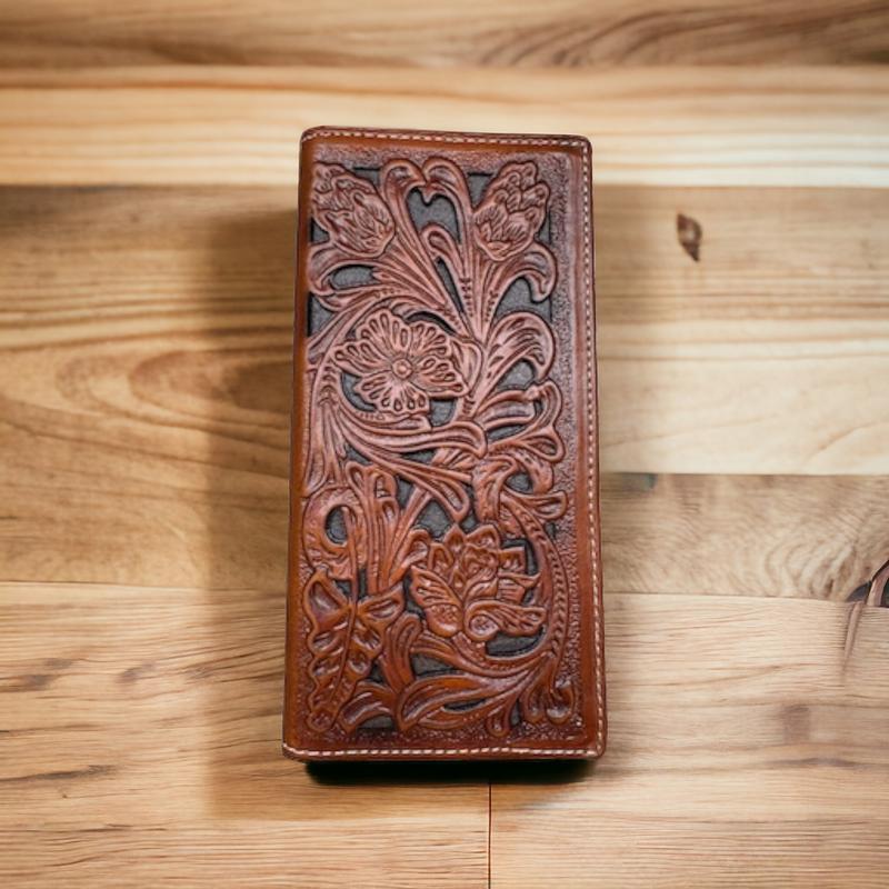 Mens Long Wallet Floral Cutout Layered Leather Brown Dark Brown Soft Leather Checkbook Style Cowboy Hand Crafted High End Mens Wallets Leather