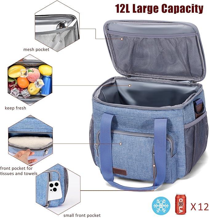 Insulated Lunch Bags for Men Women Lunch Bags Large Lunch Box Leakproof Soft Cooler Tote Bag (Blue, 12L)