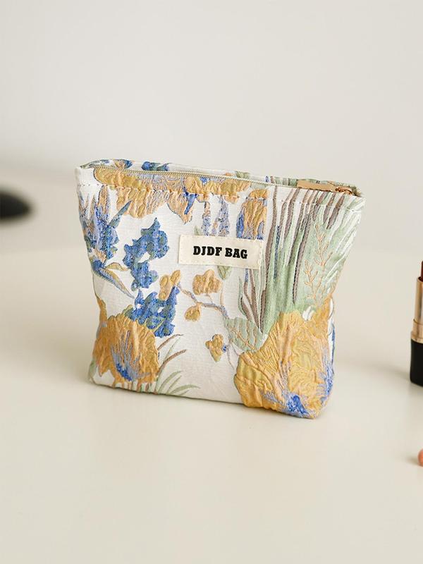 Floral Pattern Letter Patched Design Makeup Bag, Portable Cosmetic Storage Bag, Zipper Makeup Organizer Pouch, Casual Trendy Versatile High-quality Daily Bag