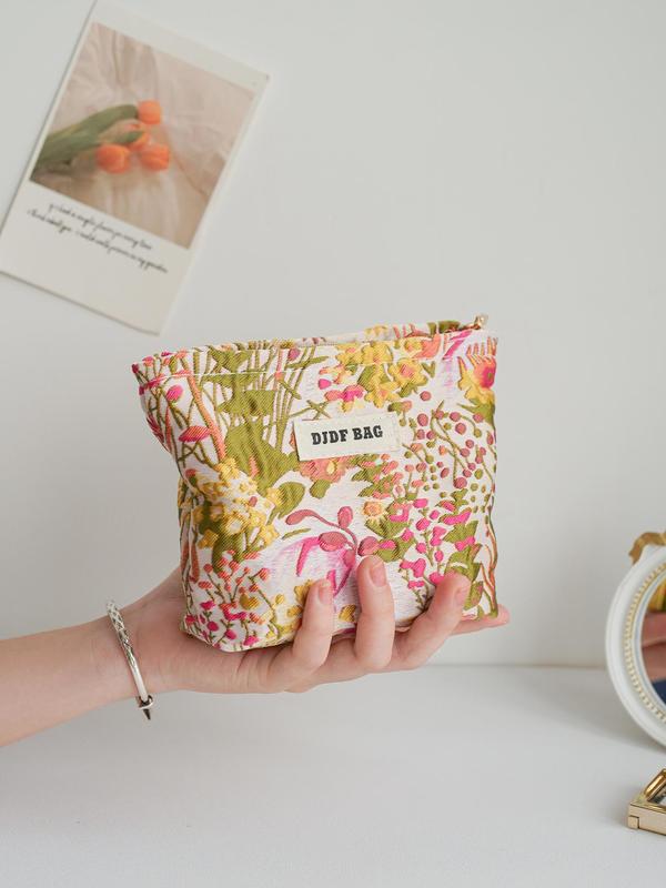 Floral Pattern Letter Patched Design Makeup Bag, Portable Cosmetic Storage Bag, Zipper Makeup Organizer Pouch, Casual Trendy Versatile High-quality Daily Bag