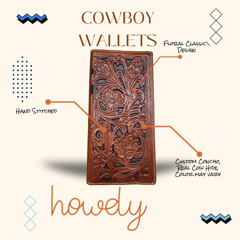 Mens Long Wallet Floral Cutout Layered Leather Brown Dark Brown Soft Leather Checkbook Style Cowboy Hand Crafted High End Mens Wallets Leather