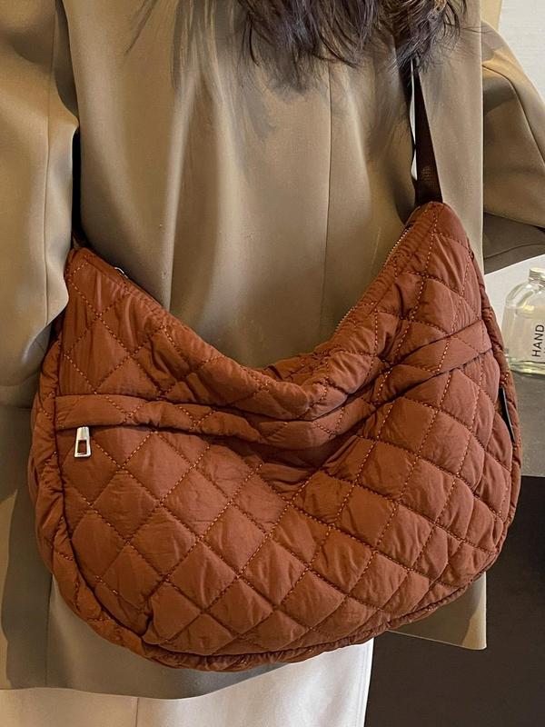 Women's Solid Color Quilted Tote Bag, Fashionable Large Capacity Lightweight Shoulder Bag, Casual Trendy Versatile Commuter Bag for Daily Use