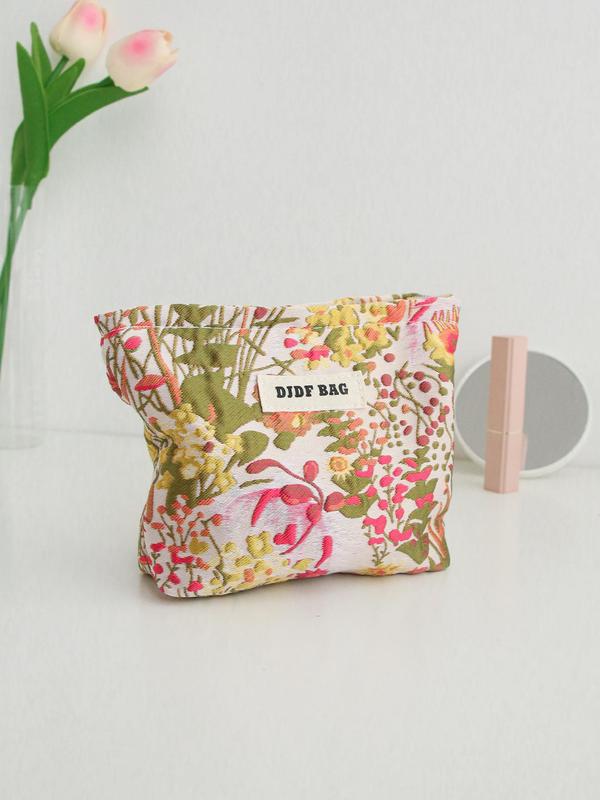 Floral Pattern Letter Patched Design Makeup Bag, Portable Cosmetic Storage Bag, Zipper Makeup Organizer Pouch, Casual Trendy Versatile High-quality Daily Bag