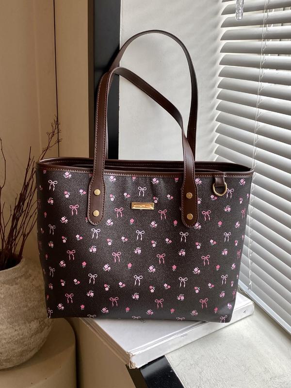 Fashion Floral & Bow Pattern Tote Bag, College Tote Bag, Casual Large Capacity Shoulder Bag for Women, Trendy All-match Bag for Commute, Work, Travel, Daily Use