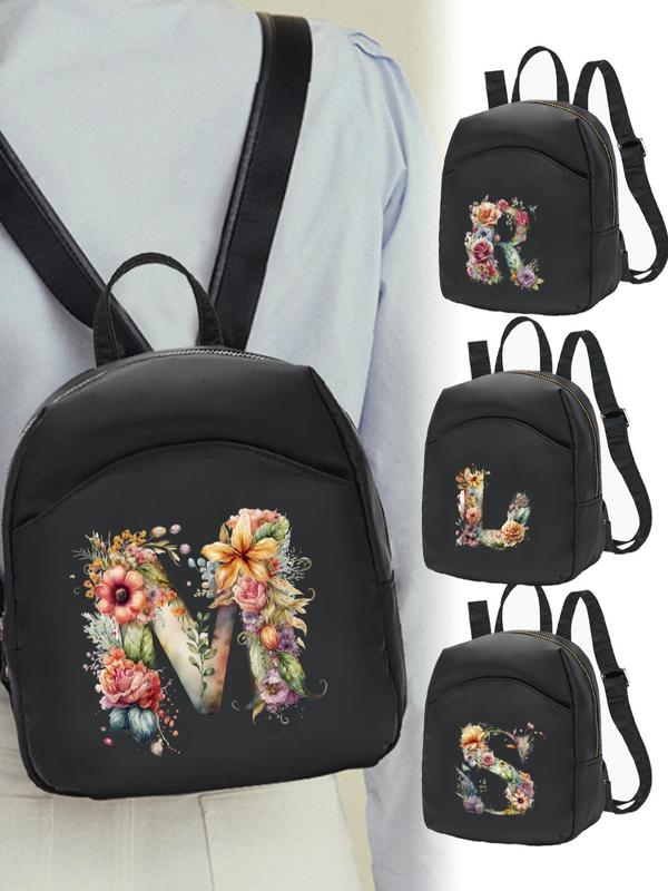 Floral & Initials Letter Pattern Zipper Backpack, Fashionable School Bags for Women & Girls, Casual Trendy Versatile High-quality Daily Commuting Bag, Mini Backpack