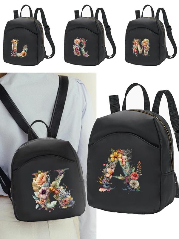 Floral & Initials Letter Pattern Zipper Backpack, Fashionable School Bags for Women & Girls, Casual Trendy Versatile High-quality Daily Commuting Bag, Mini Backpack