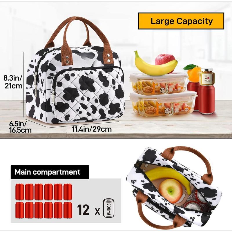 Lunch Bag for Woman Man Adults with Front Pocket Insulated Lunch Tote Lunch Box Container for Work Picnic or Travel(Cow)