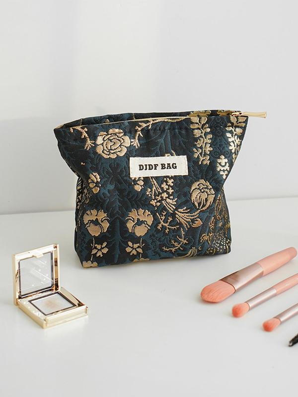 Floral Pattern Letter Patched Design Makeup Bag, Portable Cosmetic Storage Bag, Zipper Makeup Organizer Pouch, Casual Trendy Versatile High-quality Daily Bag