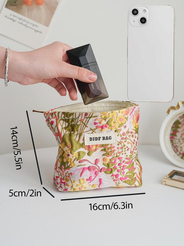 Floral Pattern Letter Patched Design Makeup Bag, Portable Cosmetic Storage Bag, Zipper Makeup Organizer Pouch, Casual Trendy Versatile High-quality Daily Bag