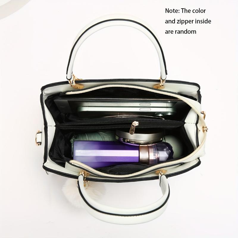 Fashion Solid Color Handbag, Multi Layer Crossbody Bag, Women's Satchel Purse With Pompom Ball Charms