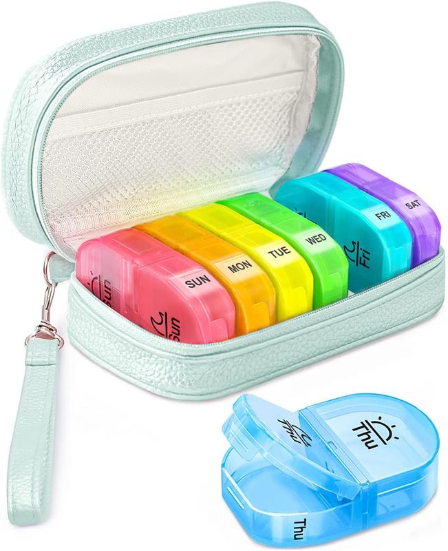 BLACK FRIDAY SALE- Leather Travel Organizer With 7 Individual Boxes - Cute Pill Organizer 2 Times a Day