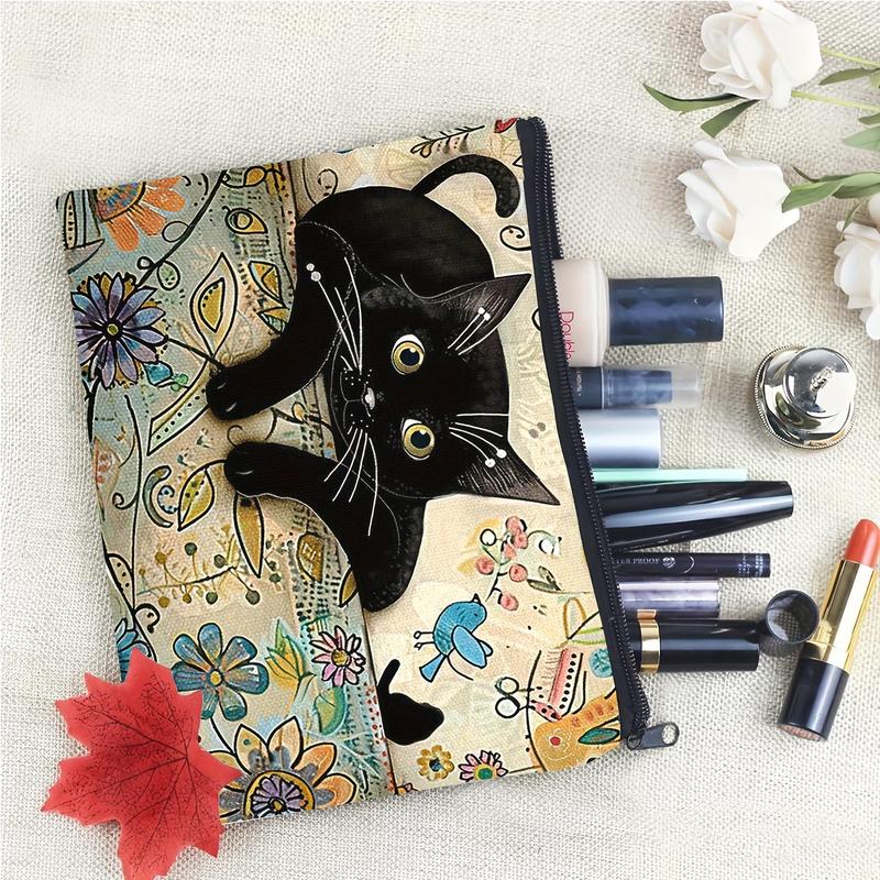 Cat Pattern Zipper Cosmetic Bag, 1 Count Multi-functional Makeup Bag, Portable Cosmetic Storage Bag, Makeup Tool Organizer for Travel, Outing, Daily Use