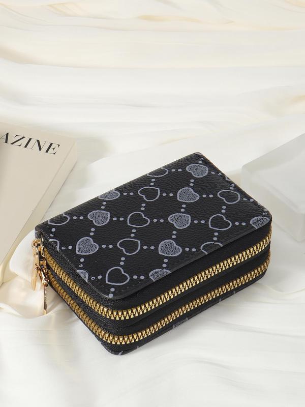 Women's Summer Retro Heart Print Double Zipper Around Coin Purse, Simple Multi-card Card Holder, Pu Leather Credit Card Wallet Storage Bag for Outdoors & Travel, Fall Outfits, Earthtone Fall Freshness