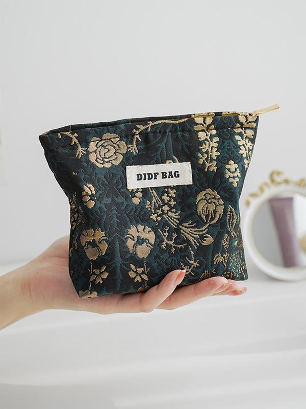 Floral Pattern Letter Patched Design Makeup Bag, Portable Cosmetic Storage Bag, Zipper Makeup Organizer Pouch, Casual Trendy Versatile High-quality Daily Bag