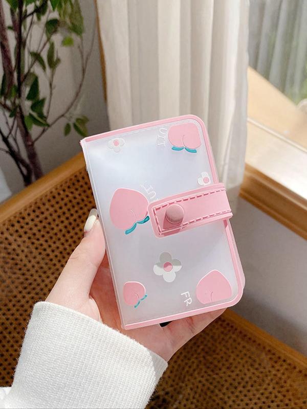 Cute Peach Pattern Waterproof Card Holder with Button, Portable Clear Phone Wallet for Women & Girls