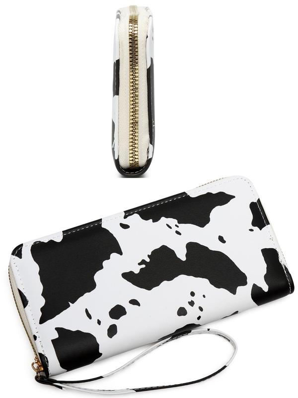 Women's Random Cow Pattern Long Wallet, Fashionable Zipper Design Wallet for Daily Used, Casual Pu Leather Wallet with Wrist Strap for Women & Girls