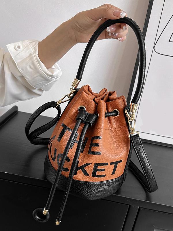 Women's Elegant Colorblock Letter Pattern Bucket Bag, Fashionable Drawstring Design Crossbody Bag for Daily Used, Casual Trendy Versatile High-quality Daily Commuting Bag