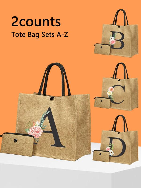 Fashionable Letter & Floral Pattern Tote Bag & Purse Bag Set, Large Capacity Travel Bag Set, Trendy Tote Bag Set for Women & Girls