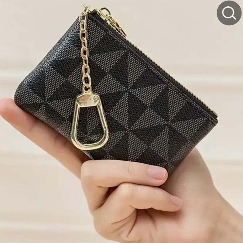 Mini Geometric Pattern Coin Purse, Zipper Clutch Carry On Bag With Keychain, PU Leather Wallet dual pouch brown retro wristlets white black coinpurse trendy all-match wrist strap woman gift wristlet