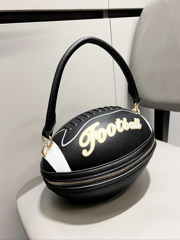 Creative Football Shaped Handbag, Fashionable Letter Pattern Zipper Handbag, Casual Versatile  Handbag for Women