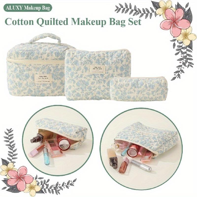 Floral Pattern Makeup Bag Set, 3pcs set Zipper Cosmetic Storage Bag, Multi-use Organizer for Skincare, Cosmetic, Stationery