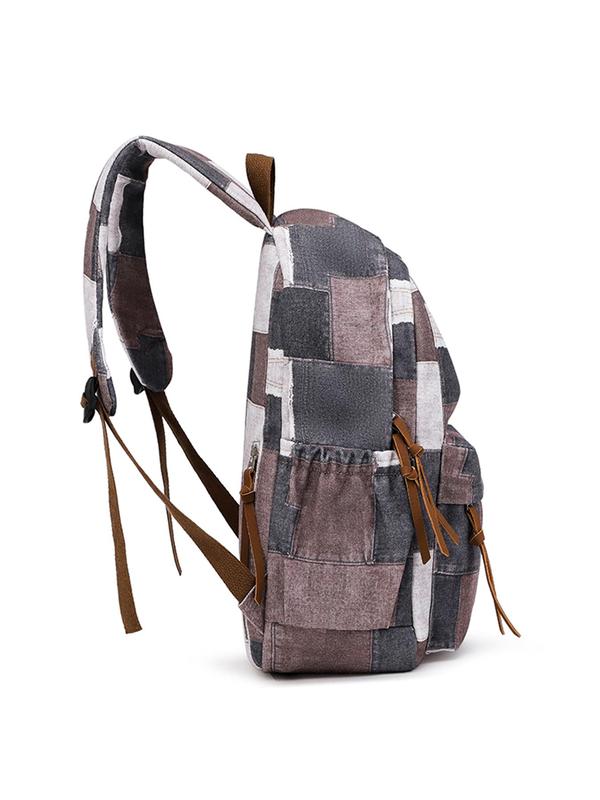 Fashion Patchwork Print Backpack, Casual Versatile Nylon Zipper Backpack for School & Travel, Unisex