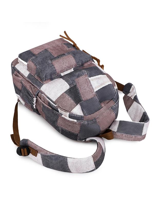 Fashion Patchwork Print Backpack, Casual Versatile Nylon Zipper Backpack for School & Travel, Unisex