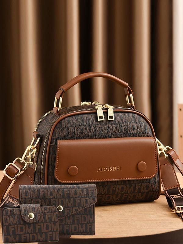 Women's Fashionable All Over Letter Print Handbag & Wallet & Clutch Bag, Casual Versatile PU Leather Crossbody Bag Set, Trendy High-quality Daily Commuting Bag Set