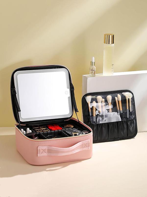 Portable Makeup Bag with LED Light, Large Capacity Cosmetic Storage Box, Travel Portable Makeup Bag Case with Mirror, Makeup Tools, Stocking Fillers