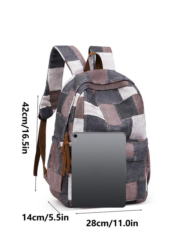 Fashion Patchwork Print Backpack, Casual Versatile Nylon Zipper Backpack for School & Travel, Unisex