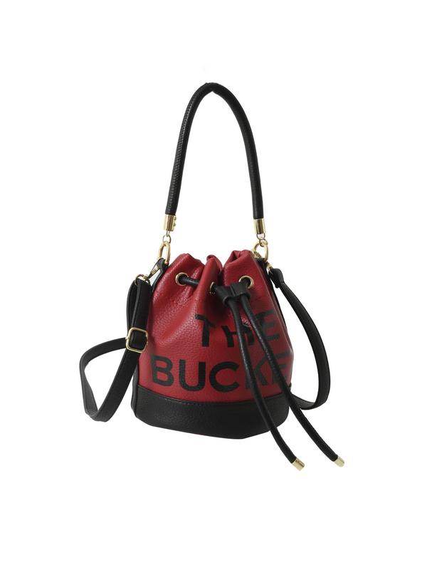 Women's Elegant Colorblock Letter Pattern Bucket Bag, Fashionable Drawstring Design Crossbody Bag for Daily Used, Casual Trendy Versatile High-quality Daily Commuting Bag