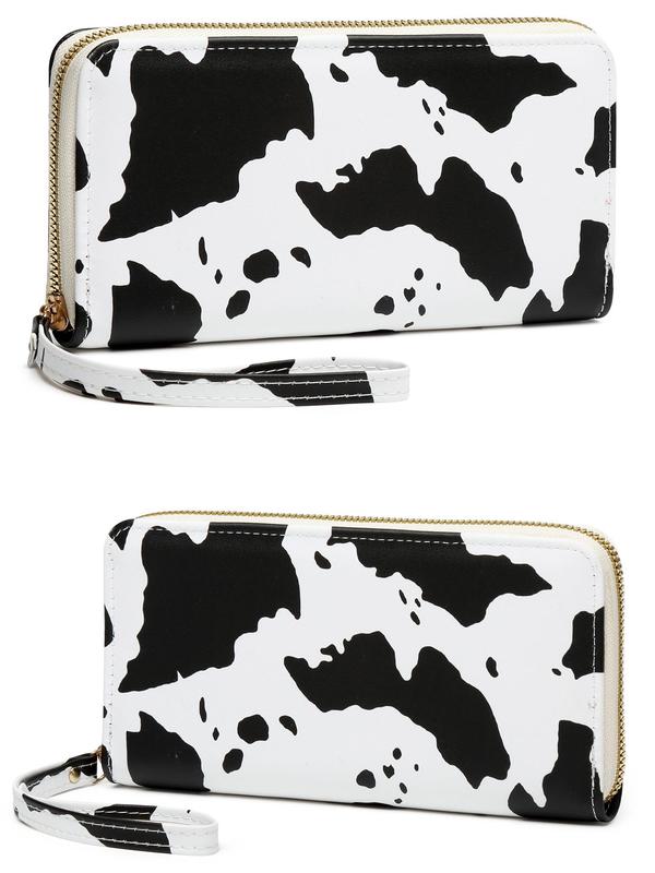 Women's Random Cow Pattern Long Wallet, Fashionable Zipper Design Wallet for Daily Used, Casual Pu Leather Wallet with Wrist Strap for Women & Girls